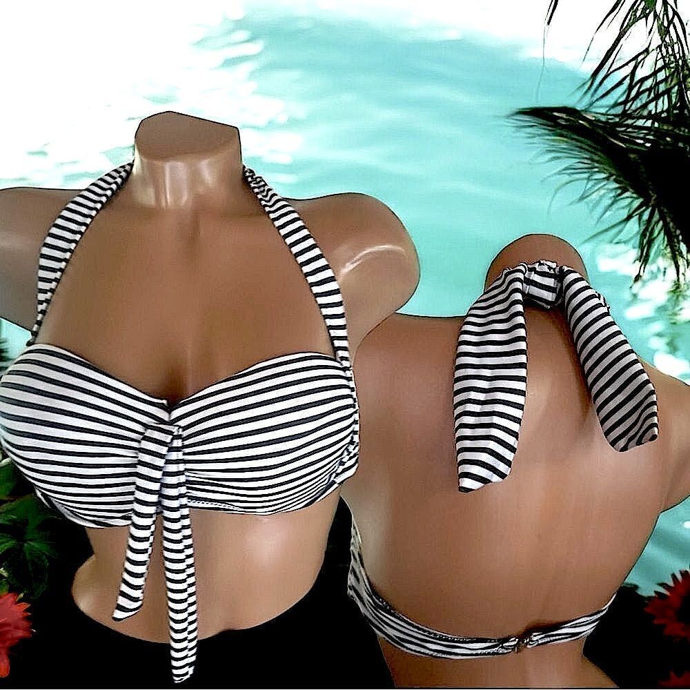 Black & White Striped Tie-Back Bikini Top l Push-up, Underwire l L l EUC